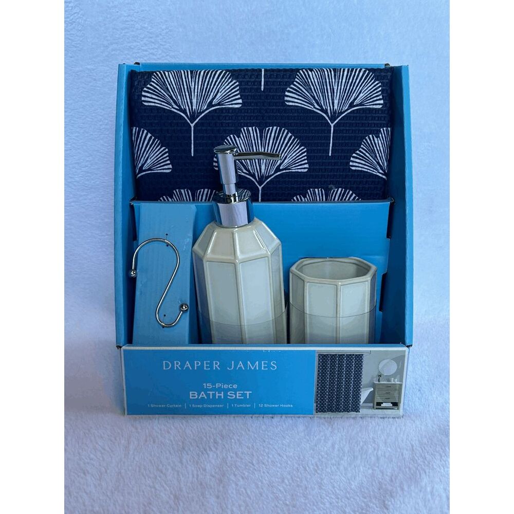 Draper James 15-Piece Bath Set, Shower Curtain & Hooks, Soap Dispenser &Tumbler